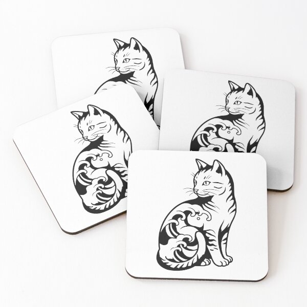 Item preview, Japanese Wave Blackwork Cat Tattoo Flash Art designed and sold by edwinblackwork.