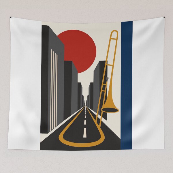 Item preview, Bauhaus City & Trombone Art | Minimalist Urban Jazz Print | Mid-Century Modern Print designed and sold by Studio pod Burom.
