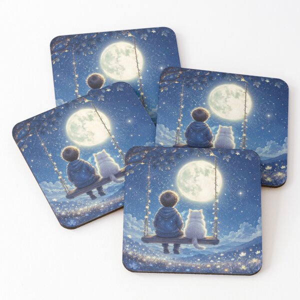 Item preview, Boy and Cat on a Swing Under the Moon - Magical, Celestial and Poetic Illustration designed and sold by Natalia-Vlad.