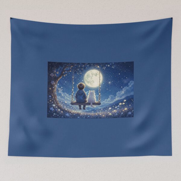Item preview, Boy and Cat on a Swing Under the Moon - Magical, Celestial and Poetic Illustration designed and sold by Natalia-Vlad.