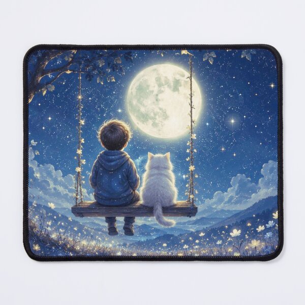Item preview, Boy and Cat on a Swing Under the Moon - Magical, Celestial and Poetic Illustration designed and sold by Natalia-Vlad.