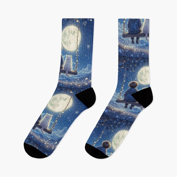 Item preview, Boy and Cat on a Swing Under the Moon - Magical, Celestial and Poetic Illustration designed and sold by Natalia-Vlad.