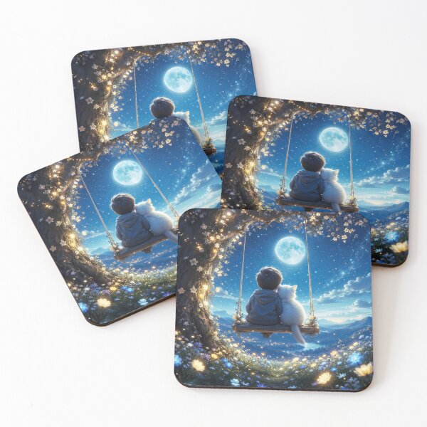 Item preview, Hug Under the Moon - Boy and Cat on the Magic Swing, Starry Night designed and sold by Natalia-Vlad.