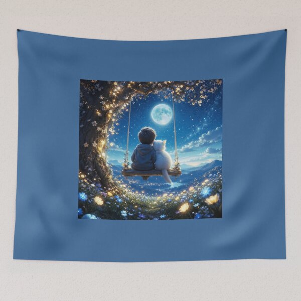 Item preview, Hug Under the Moon - Boy and Cat on the Magic Swing, Starry Night designed and sold by Natalia-Vlad.