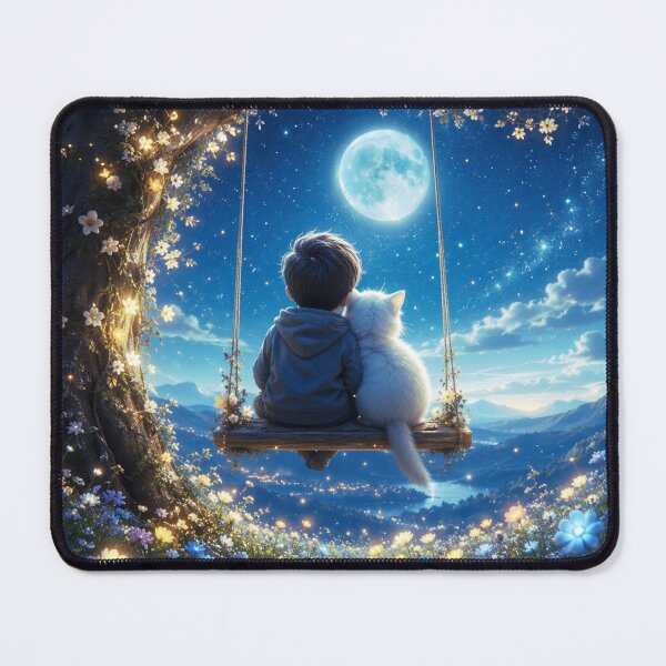 Item preview, Hug Under the Moon - Boy and Cat on the Magic Swing, Starry Night designed and sold by Natalia-Vlad.