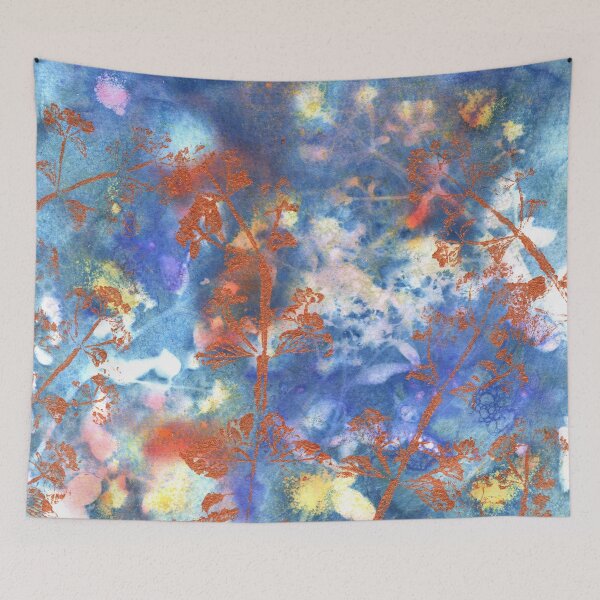Item preview, Wet Cyanotype of Wild Marjoram and Japanese Spiraea with Brusho Crystal Watercolours, Soap Suds Vinegar and Turmeric, and Acrylic Paint Leaf Print with Metallic Leaf Edges designed and sold by LymphomaLass.