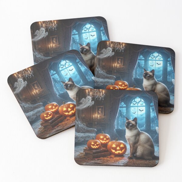 Item preview, Cute Siamese Cat in Haunted Mansion Halloween | Spooky Ghosts Pumpkins Moonlight Gothic Decor designed and sold by Ghostlycats2026.