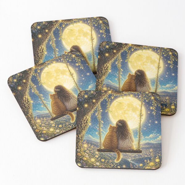Item preview, Golden Moon - Girl and Ginger Cat on the Magic Swing, Starry Night designed and sold by Natalia-Vlad.
