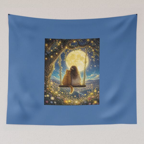 Item preview, Golden Moon - Girl and Ginger Cat on the Magic Swing, Starry Night designed and sold by Natalia-Vlad.