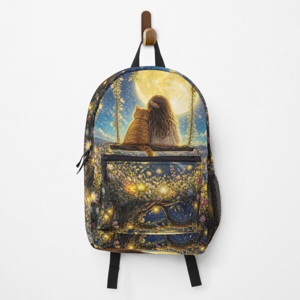 Item preview, Golden Moon - Girl and Ginger Cat on the Magic Swing, Starry Night designed and sold by Natalia-Vlad.