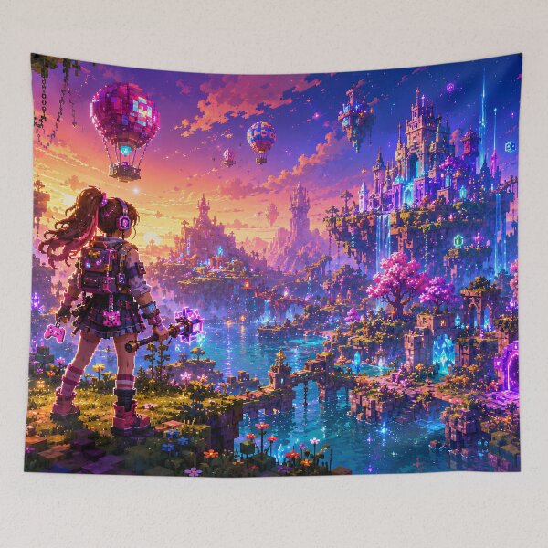 Item preview, Girl Explorer Overlooks a Neon Sky City designed and sold by pixelpopplanet.