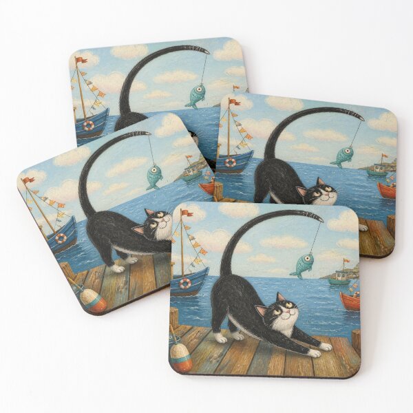 Item preview, The Fishing Cat and His Fishing Rod Tail - Naïve Seaside Illustration designed and sold by Natalia-Vlad.