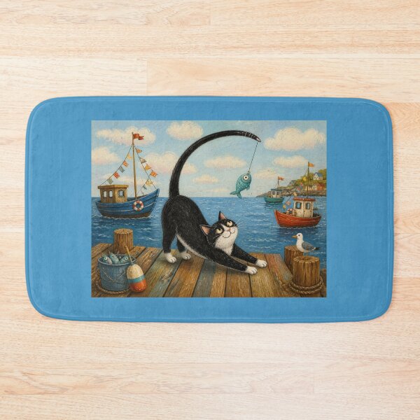 Item preview, The Fishing Cat and His Fishing Rod Tail - Naïve Seaside Illustration designed and sold by Natalia-Vlad.