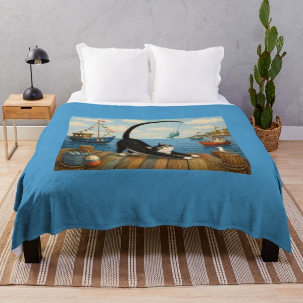 Item preview, The Fishing Cat and His Fishing Rod Tail - Naïve Seaside Illustration designed and sold by Natalia-Vlad.