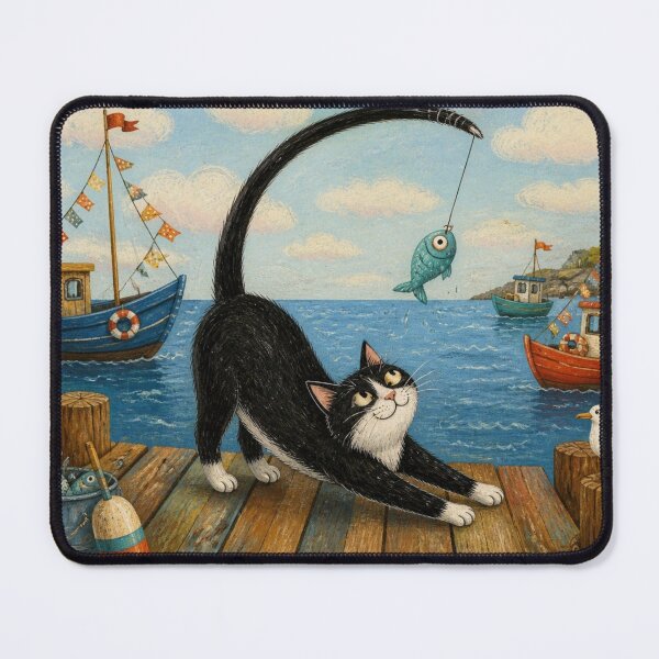Item preview, The Fishing Cat and His Fishing Rod Tail - Naïve Seaside Illustration designed and sold by Natalia-Vlad.