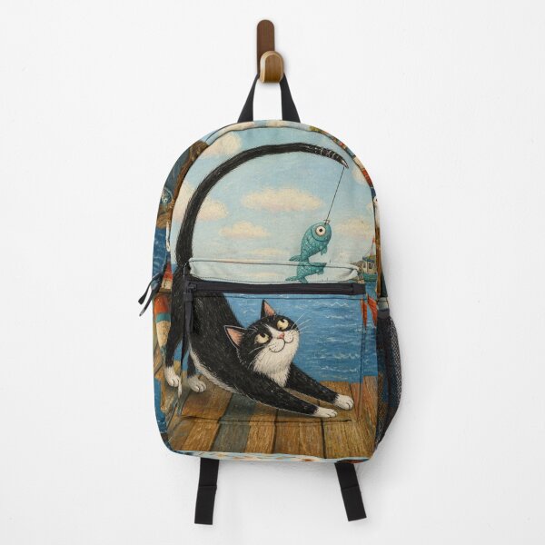 Item preview, The Fishing Cat and His Fishing Rod Tail - Naïve Seaside Illustration designed and sold by Natalia-Vlad.