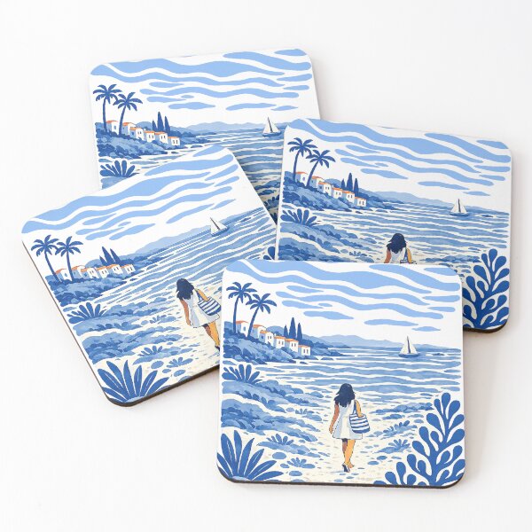 Item preview, Mediterranean Coastal Walk Watercolor Art Print | Blue Ocean Summer Landscape designed and sold by ravuh.