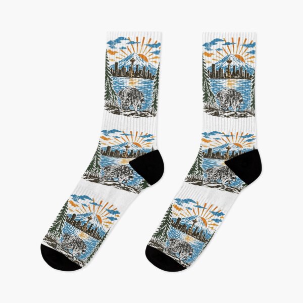Item preview, Seattle Skyline Sunset Raccoon Vintage Pacific Northwest Art designed and sold by JessArty ⭐⭐⭐⭐⭐.