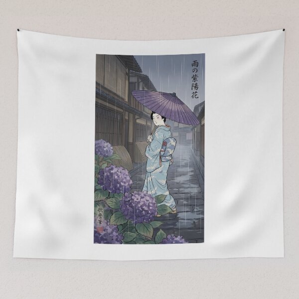 Item preview, Japanese Woman with Umbrella in Rainy Hydrangea Alley Ukiyo-e designed and sold by TokyoUkiyoHouse.