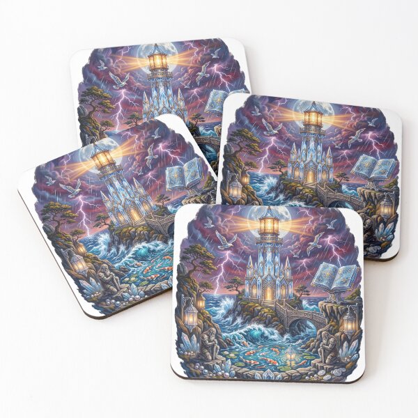 Item preview, Celestial Crystal Lighthouse | Enchanted Ocean Fantasy Painting designed and sold by Origamoart.