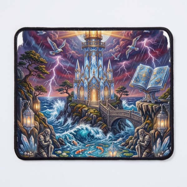 Item preview, Celestial Crystal Lighthouse | Enchanted Ocean Fantasy Painting designed and sold by Origamoart.