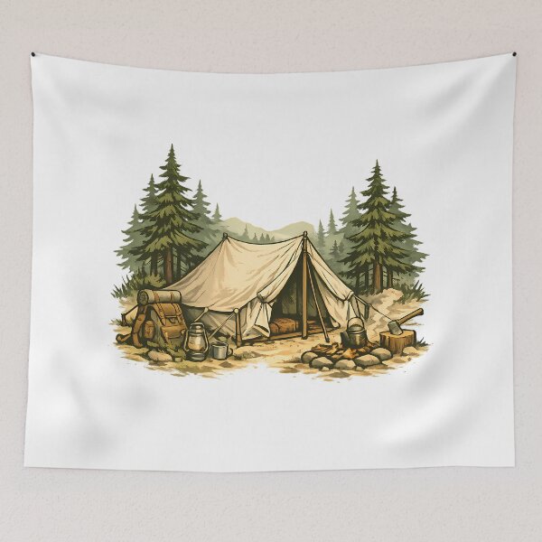 Item preview, Vintage canvas tent in a pine forest designed and sold by Daily Quirk.