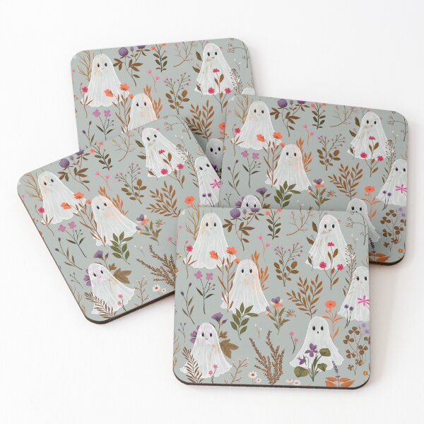 Item preview, Cute Ghost Garden Autumn Halloween Pattern in Grey designed and sold by Katherine Quinn Illustration.