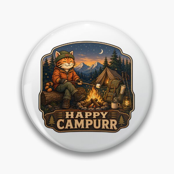 Item preview, Happy Campurr - Adventure Cat Campfire Badge designed and sold by GroveLaneCreative.
