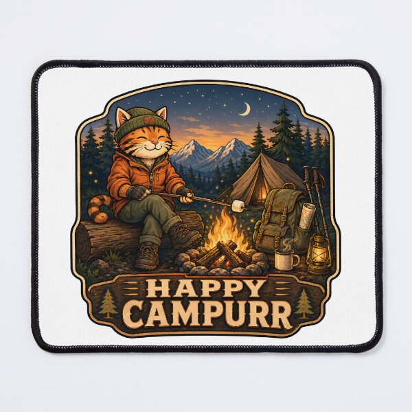 Item preview, Happy Campurr - Adventure Cat Campfire Badge designed and sold by GroveLaneCreative.
