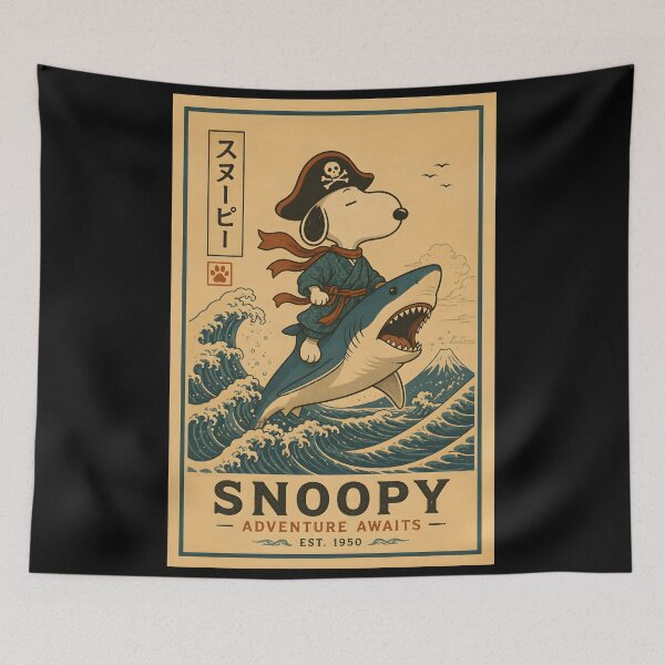 Item preview, Snoopy Riding Shark – Japanese Style Funny Cartoon Dog designed and sold by artizallart.