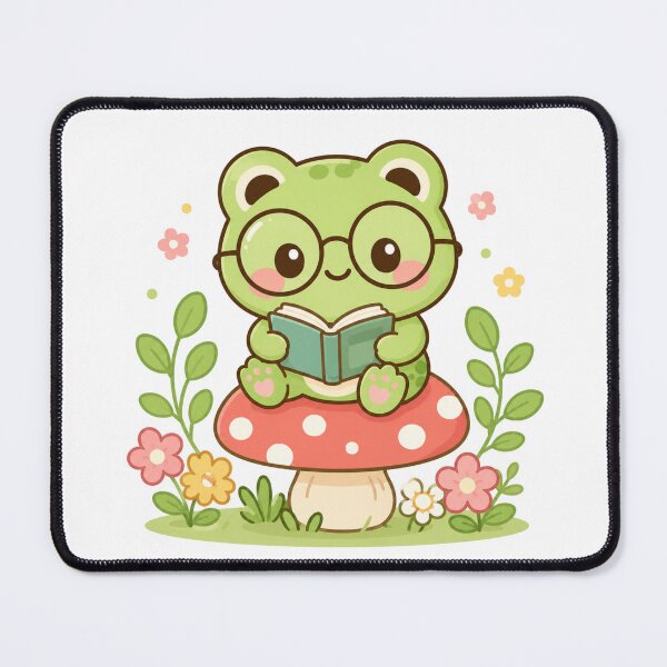 Item preview, Cute Reading Frog on Mushroom Kawaii Chibi Illustration designed and sold by ZyloPrints.