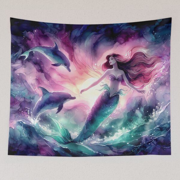 Item preview, Enchanted Mermaid and Dolphins Alcohol Ink Painting designed and sold by pixiedustpaint.