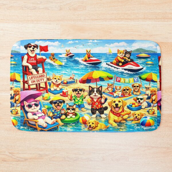Item preview, Beach Party Cats & Dogs – Lifeguard Surf & Jet Ski Fun designed and sold by The Art Queen Of Michigan .