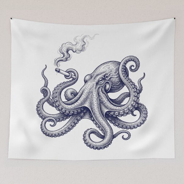Item preview, Cool Smoking Octopus Vintage Line Art designed and sold by seven things shop.