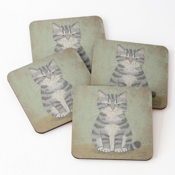 Item preview, Grey Tabby Judging the Vet Bill Folk Art designed and sold by PictorialWhimsy.