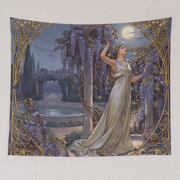 Item preview, Wisteria Moon Garden Art Nouveau Wall Art | Alphonse Mucha Inspired Moonlit Floral Woman | Belle Époque Vintage Poster designed and sold by Tamas Das.