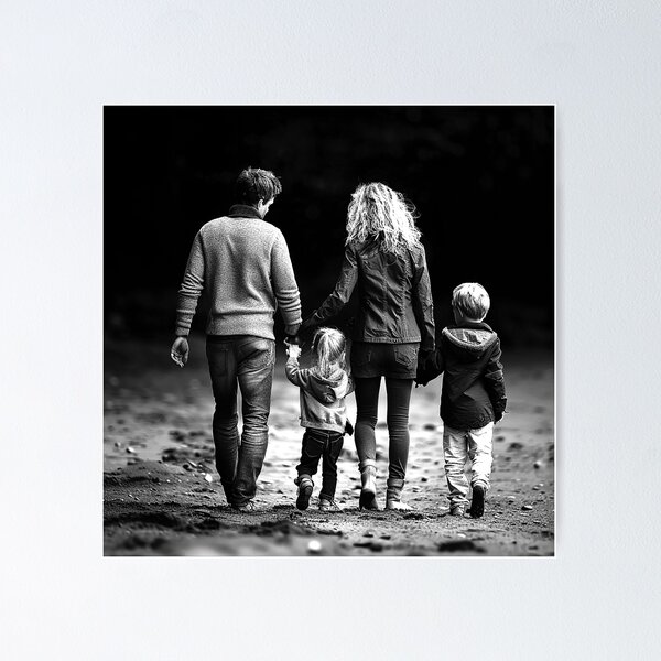Item preview, Family of Four Walking Hand in Hand – Black and White Family Photography designed and sold by inkoutninja.