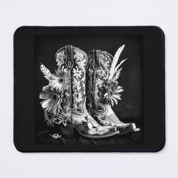 Item preview, Floral Cowboy Boots with Feathers – Black and White Western Art designed and sold by inkoutninja.