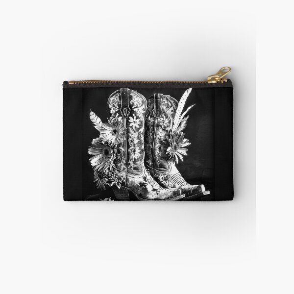 Item preview, Floral Cowboy Boots with Feathers – Black and White Western Art designed and sold by inkoutninja.