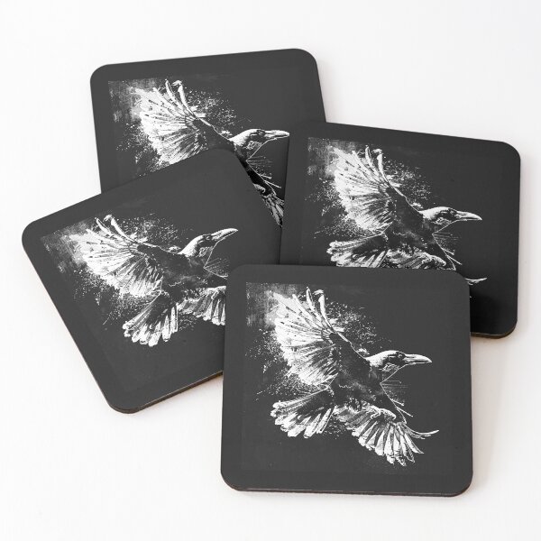Item preview, Flying Raven with Spread Wings – Black and White Gothic Bird Art designed and sold by inkoutninja.