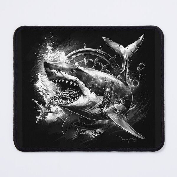 Item preview, Great White Shark and Ship Wheel – Nautical Ocean Predator Art designed and sold by inkoutninja.