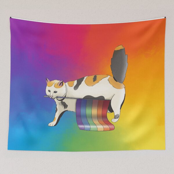 Item preview, cat carrying an LGBTQIA+ pride rainbow flag designed and sold by StudioNunih.