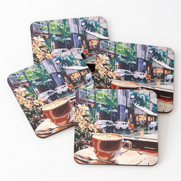 Item preview, Windowside Espresso cafe latte, rainy streetview designed and sold by SybilleKarylin.