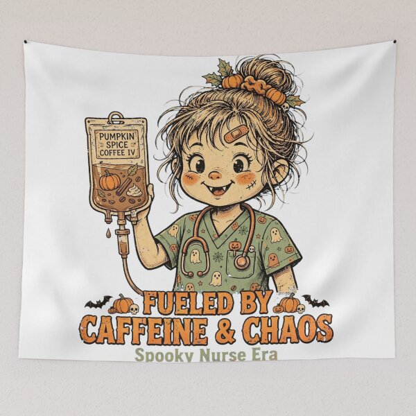 Item preview, Fueled By Caffeine And Chaos Spooky Nurse Era Pumpkin Spice Coffee IV Halloween designed and sold by Yellowriversss.