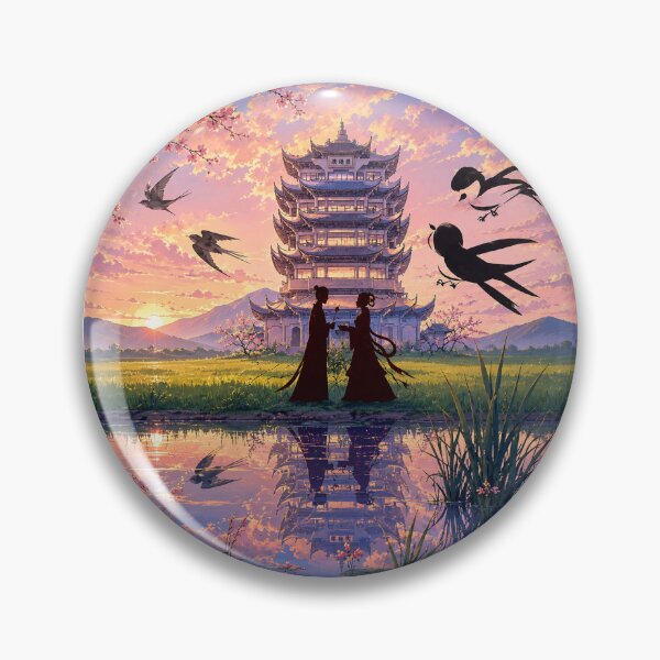 Item preview, Eternal Love Beneath the Pagoda | Chinese Sunset Landscape with Koi designed and sold by Suzaku Studio.