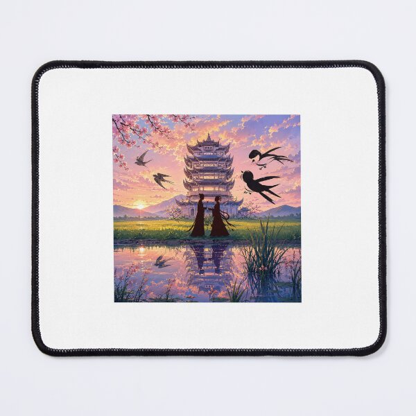Item preview, Eternal Love Beneath the Pagoda | Chinese Sunset Landscape with Koi designed and sold by Suzaku Studio.