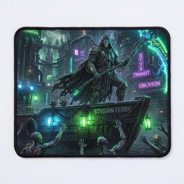 Item preview, Cyberpunk Charon Ferryman of the Underworld Neon Sci-Fi Art designed and sold by TheRichGallery.