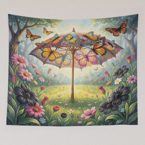 Item preview, Art Nouveau Butterfly Wing Umbrella with Floral Meadow Magic inspired by Alphonse Mucha designed and sold by FotoworldEdel.
