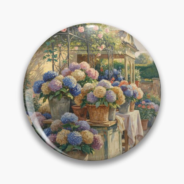Artikelvorschau, Impressionistisches Wandbild mit Hortensienmotiv | Blumenmalerei im europäischen Landhausstil | Grandmillennial-Dekordruck entworfen und verkauft von Tamas Das.