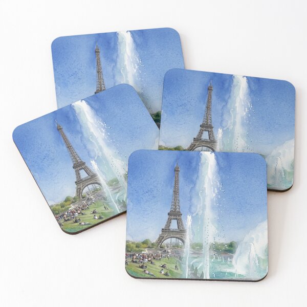 Item preview, Eiffel Tower Through the Trocadéro Fountains — Paris Watercolor with Sunbathers designed and sold by M.ALK.Watercolor.